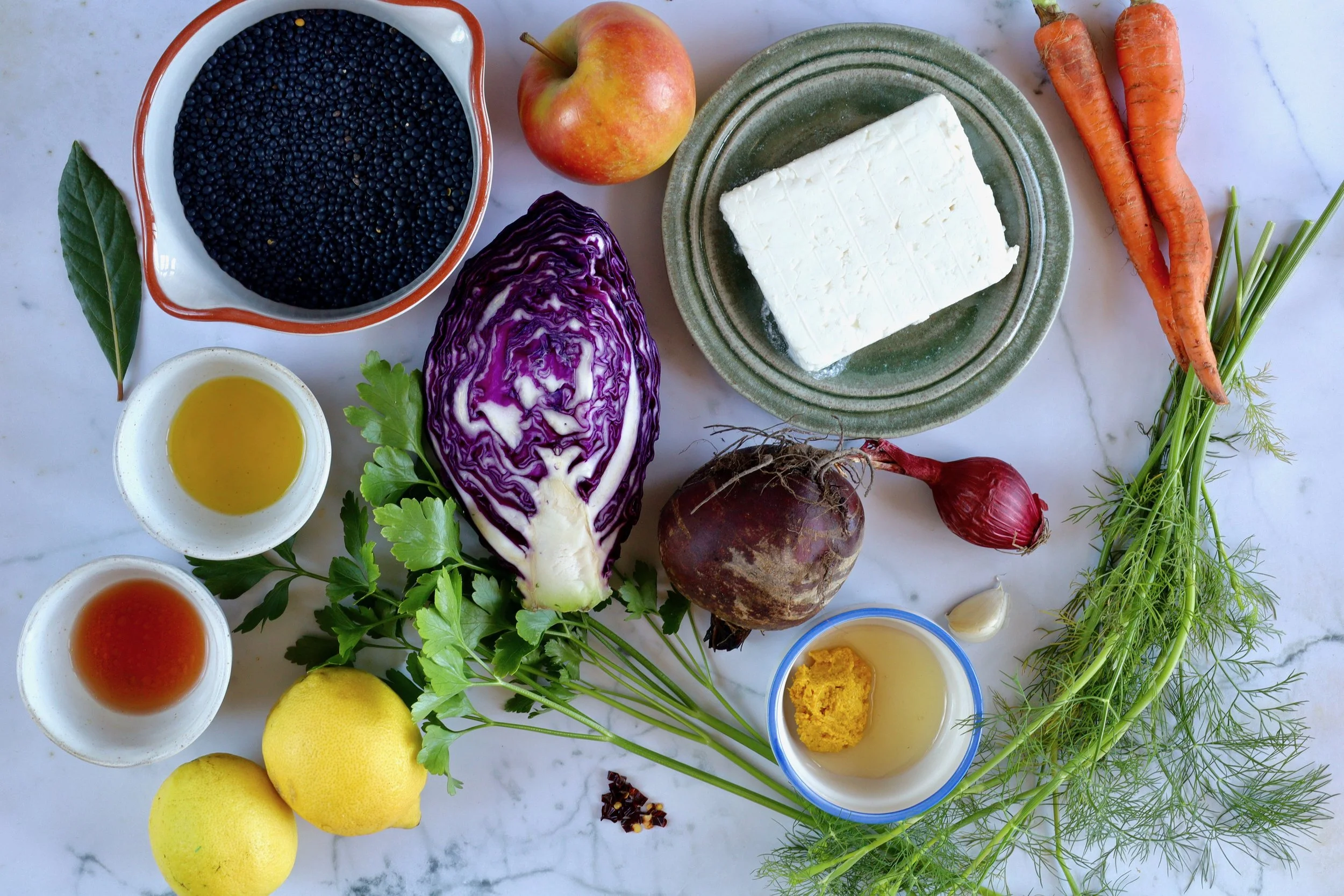 Ingredients for Tangy Winter Veggie Lentil Salad on table