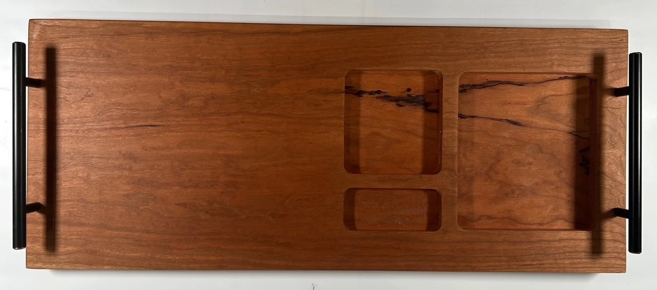 10.25" X 25" Face Grain Cherry Serving Tray with Carved Compartments and handles