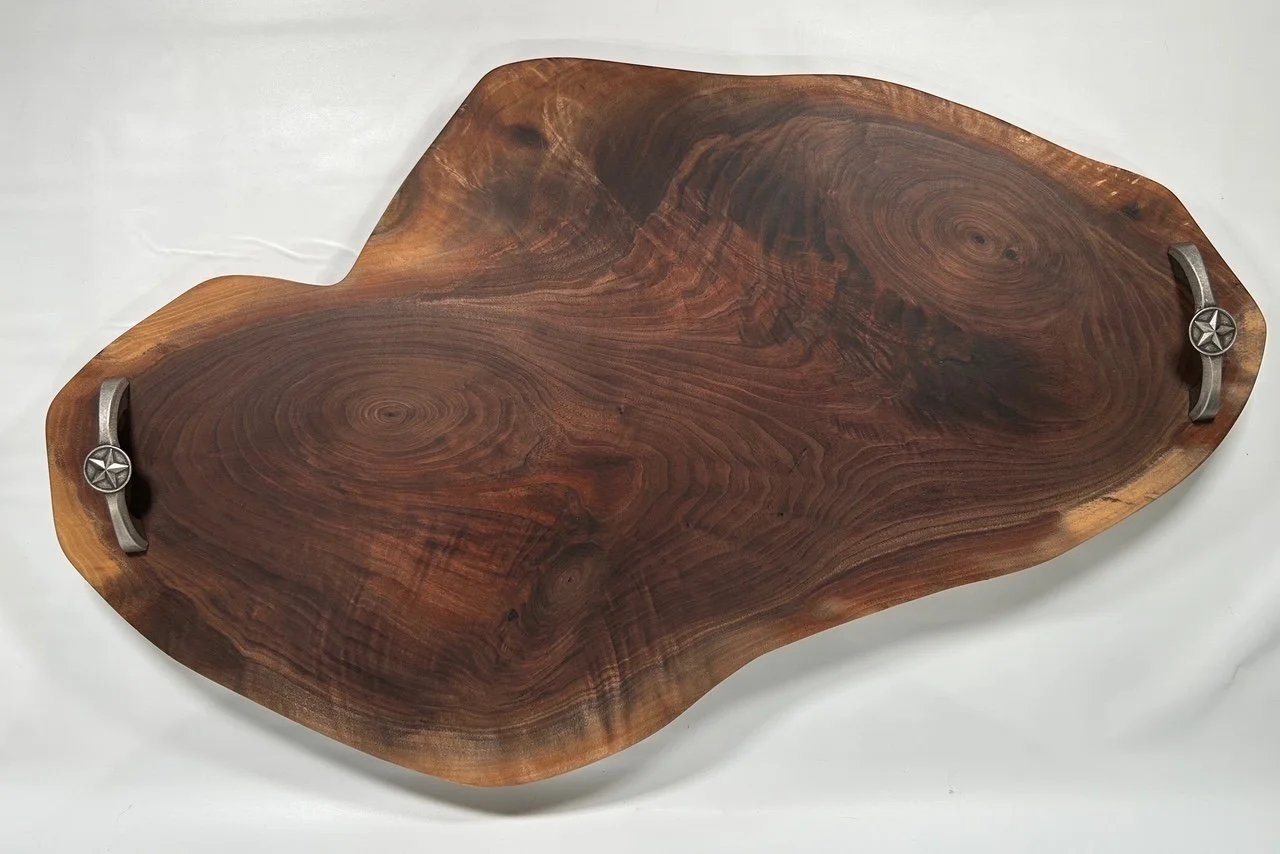 29" X 17" Uniquely Shaped Black Walnut serving tray with Texas Star handles and feet