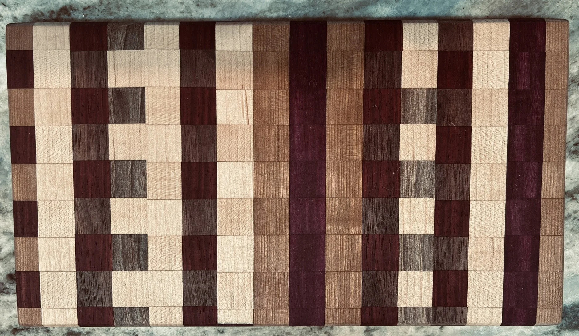 12" x 6.5" Checker Design Small Bar Cutting Board Made of Cherry, Walnut, Purple Heart and Maple