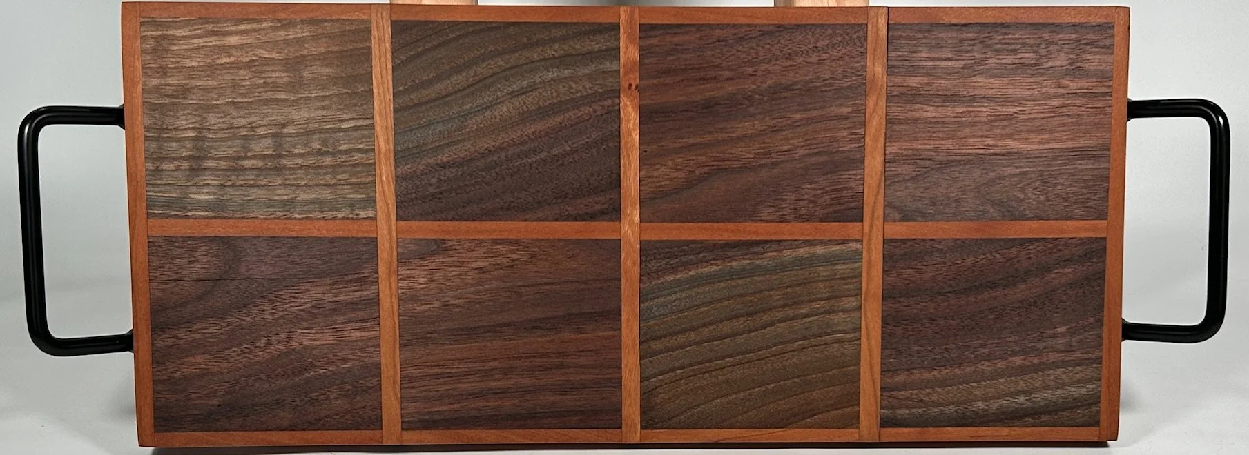 7.5" X 12.5" Checker Serving Tray made of Black Walnut and Cherry with Black Handles