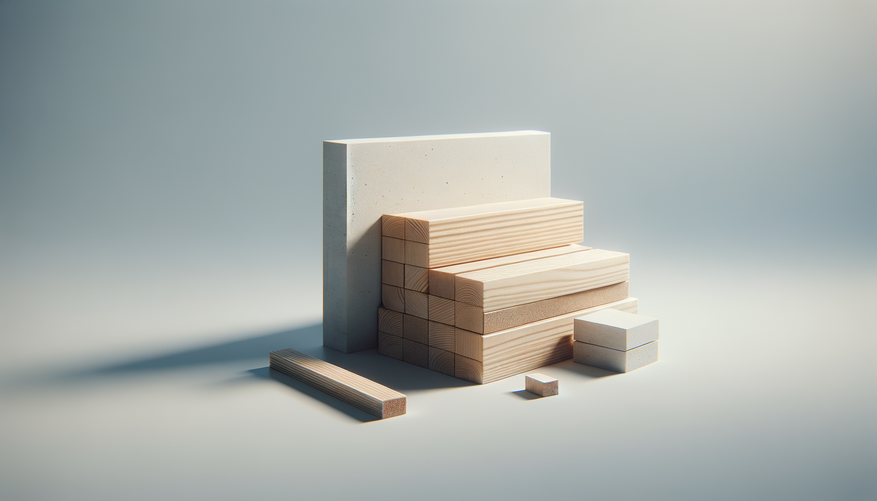 Arrangement of various wooden and concrete blocks, some stacked, on a smooth surface with soft lighting.