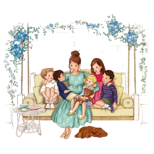 Illustration of a woman sitting on a yellow couch surrounded by five children and a brown dog lying in front of the couch, with floral decorations in the background.