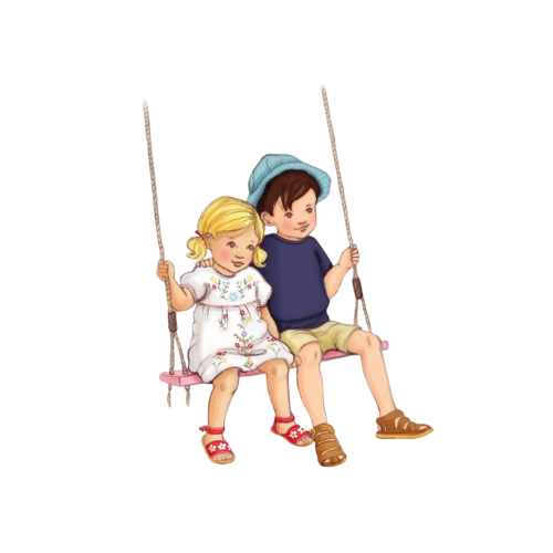 Illustration of a boy and girl sitting on a swing, holding onto ropes, against a black background.