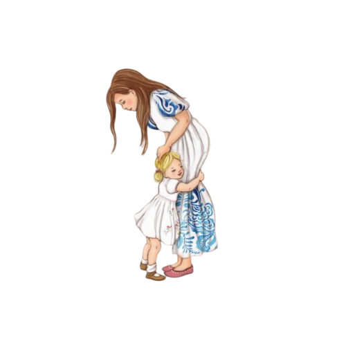 A woman with long brown hair bends down to hug a small blonde girl. Both are wearing white dresses with blue accents. The woman has blue decorative designs on her dress, and the girl is holding onto the woman's waist while smiling.