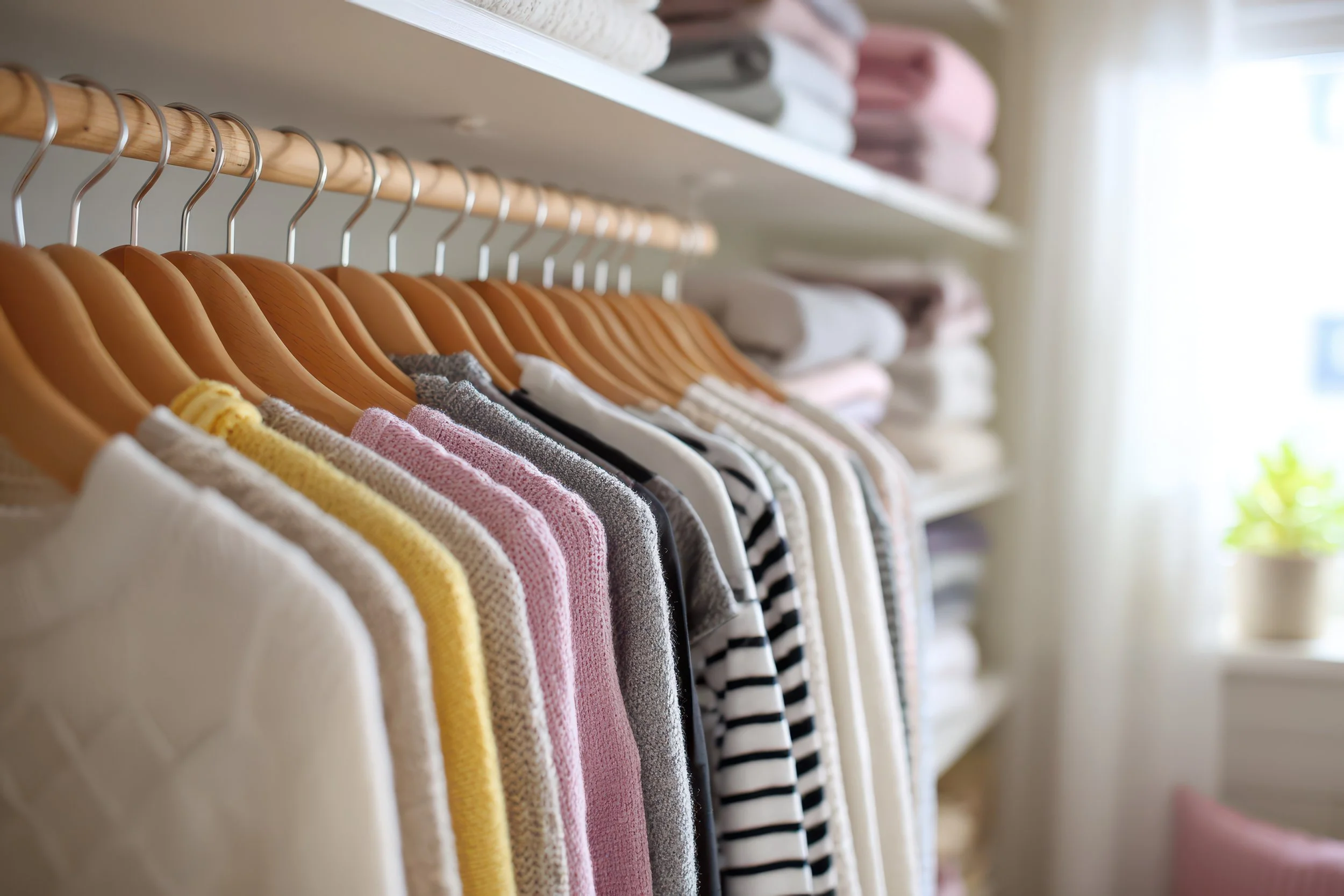 Organized closet with neatly hung clothing and folded storage as part of professional home organizing services in Baltimore, MD