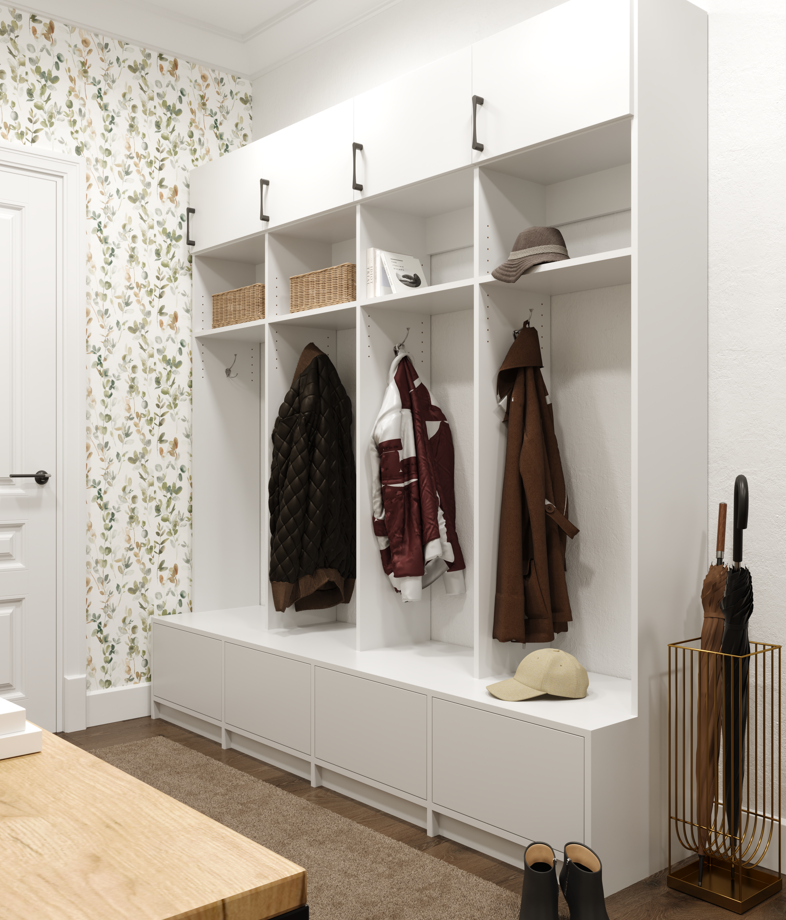 Entryway with white storage bench, coat hooks with jackets, shelf with wicker baskets, hat, cap, umbrella stand, and floral wallpaper.
