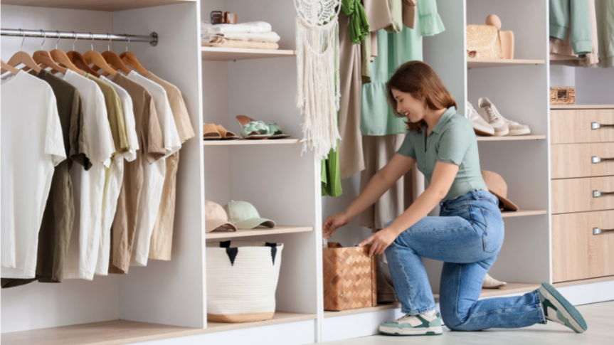 transformed and happy client in organized closet in Timonium, MD