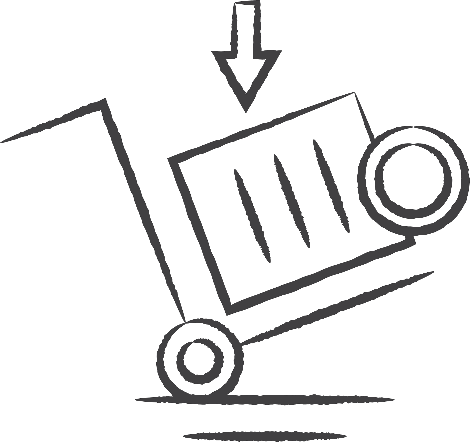 A chalk drawing of a hand truck or dolly with a large box on it, drawn on a blackboard.
