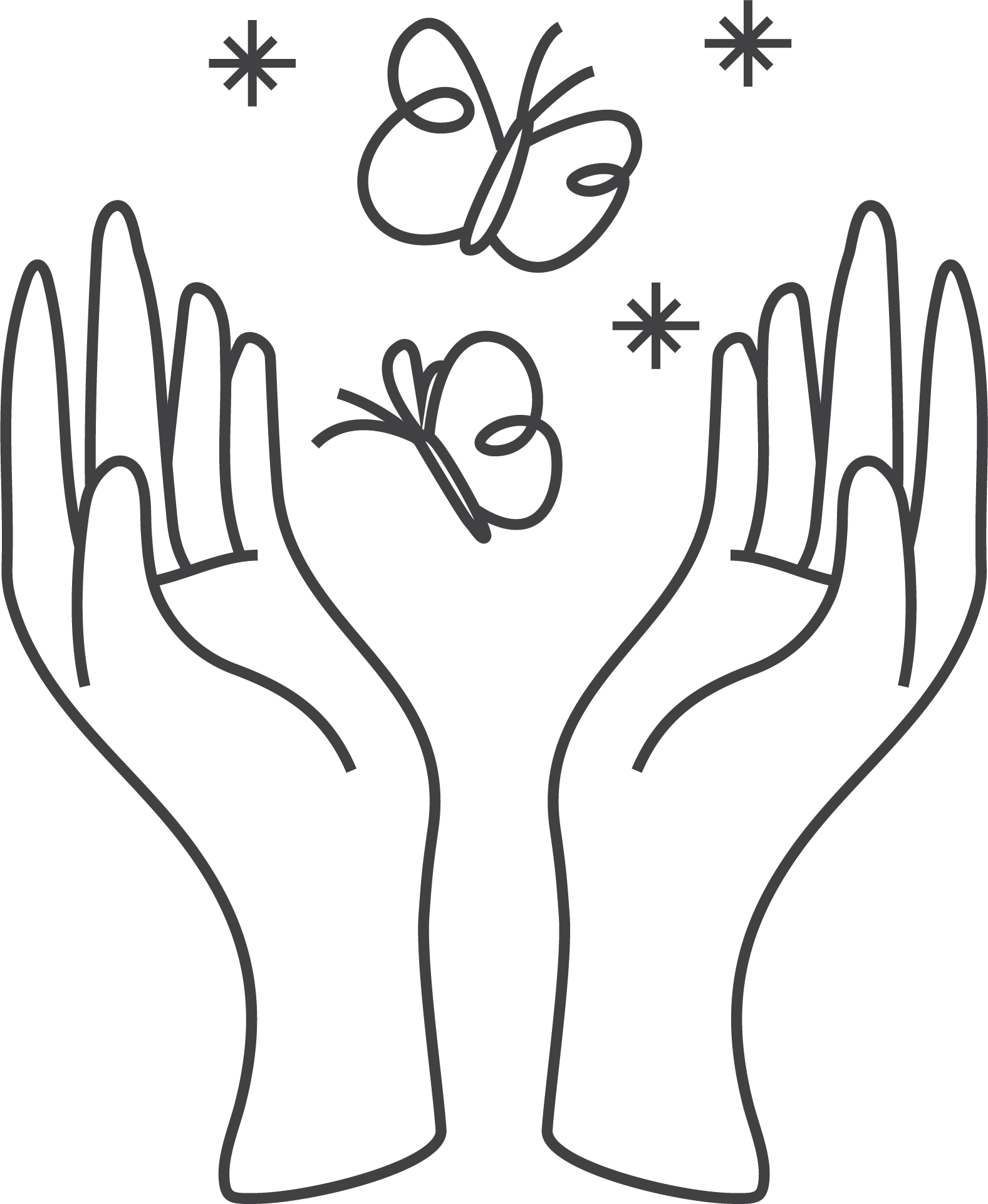 Outline drawing of two hands with palms facing up, with small hearts, stars, and the words "love" written above and below the hands.