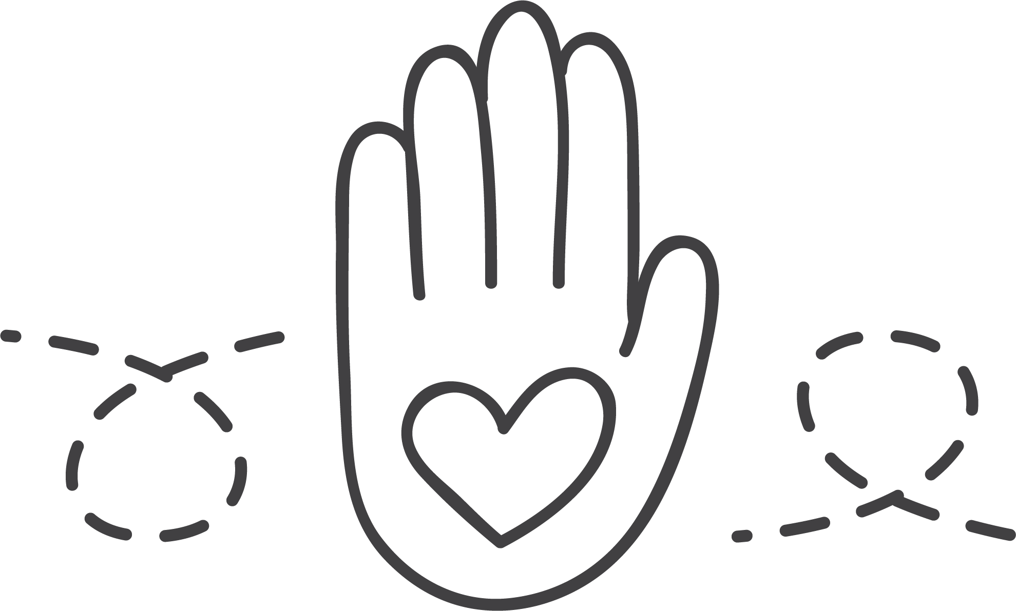 Line drawing of a hand giving a high five, with dotted lines and dashed circles surrounding it.