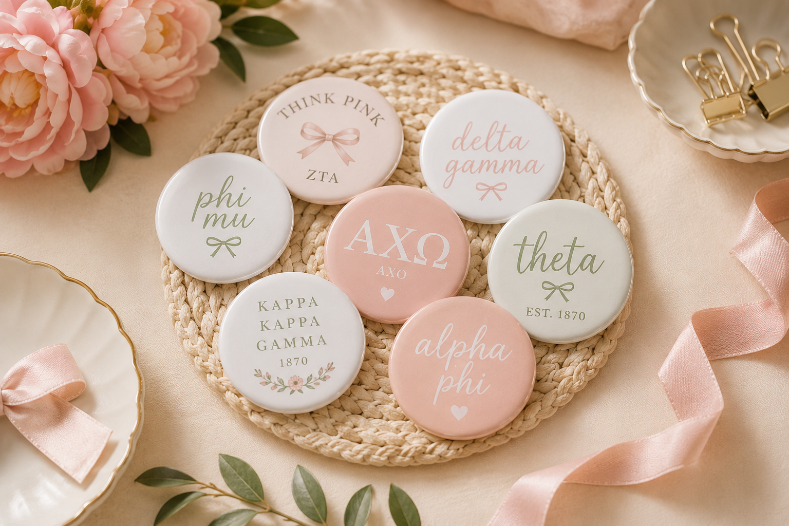 Decorative buttons with Greek letters and sorority names arranged on a round woven placemat, surrounded by pink peonies, a pink ribbon, and a small dish with gold binder clips.