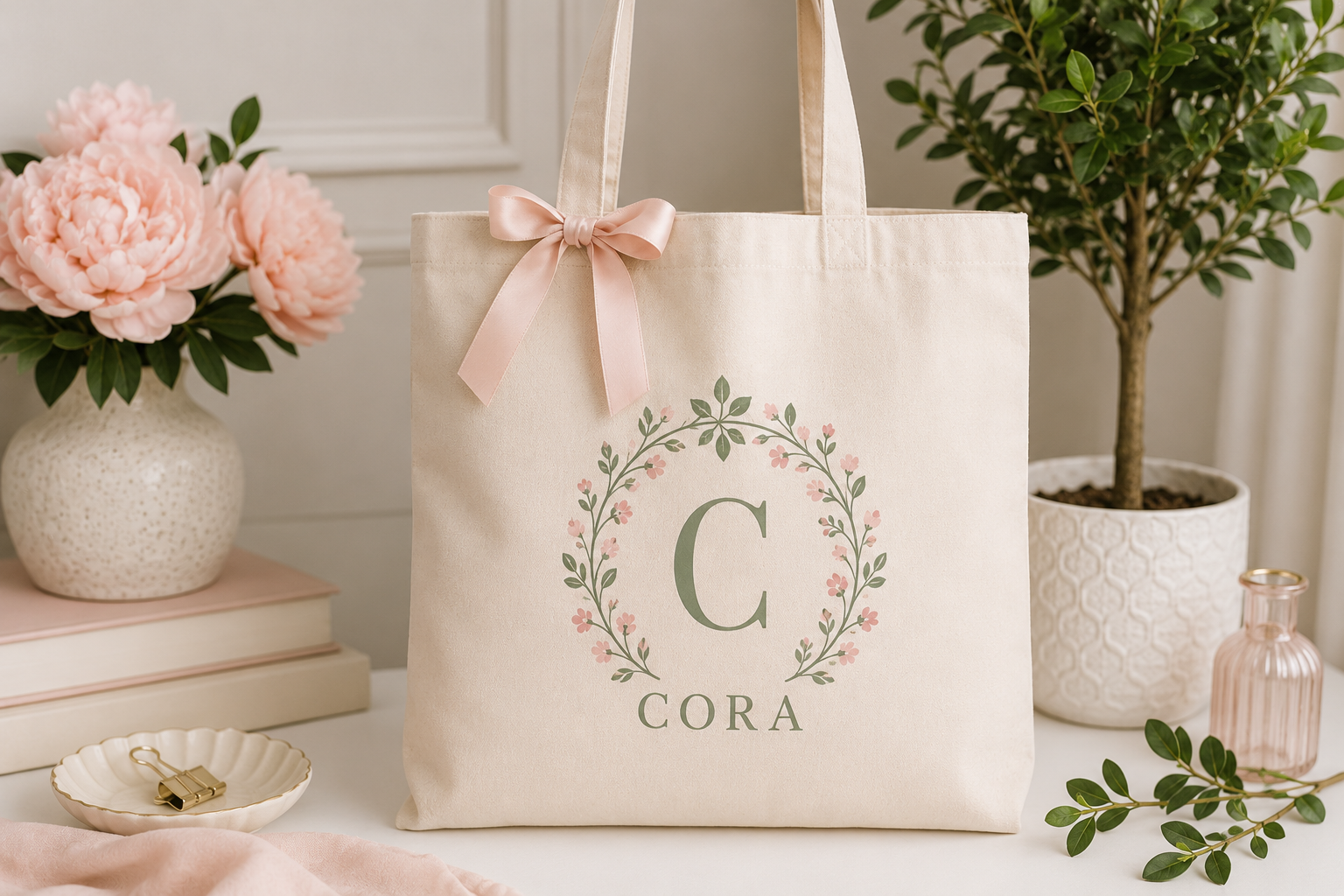 A beige tote bag with a pink ribbon and floral monogram with the letter 'C' and the name 'Cora' printed on it, placed on a white surface surrounded by pink peonies in a white vase, a potted green plant, a small decorative pink glass bottle, a white dish with a binder clip, and pink fabric.