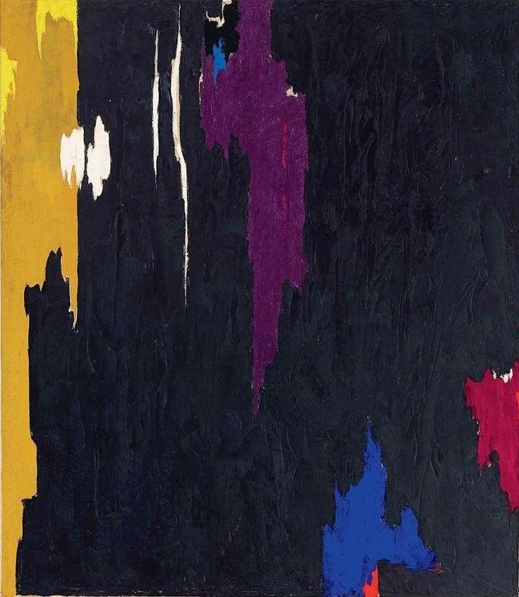 My inspo: Clyfford Still, PH-1, 1953.
Crackling flames of light. A color carries the
eye beyond the border. White forms
question the eye whether they reveal the
canvas or sit on it’s surface.