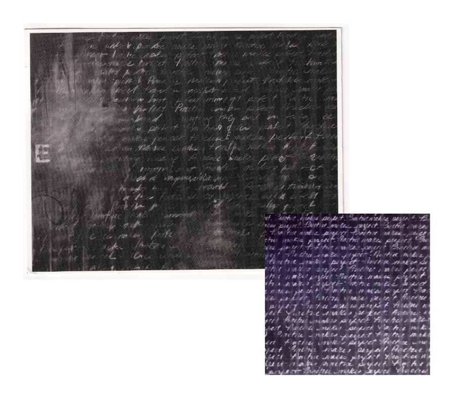 My artwork “Practice Makes Perfect” c. 2018.
A series of white charcoal works on chalkboard paint. Smearing the redundant writing of the phrase creates a grid, recounting the rigidity of  antiquated  educational practices.