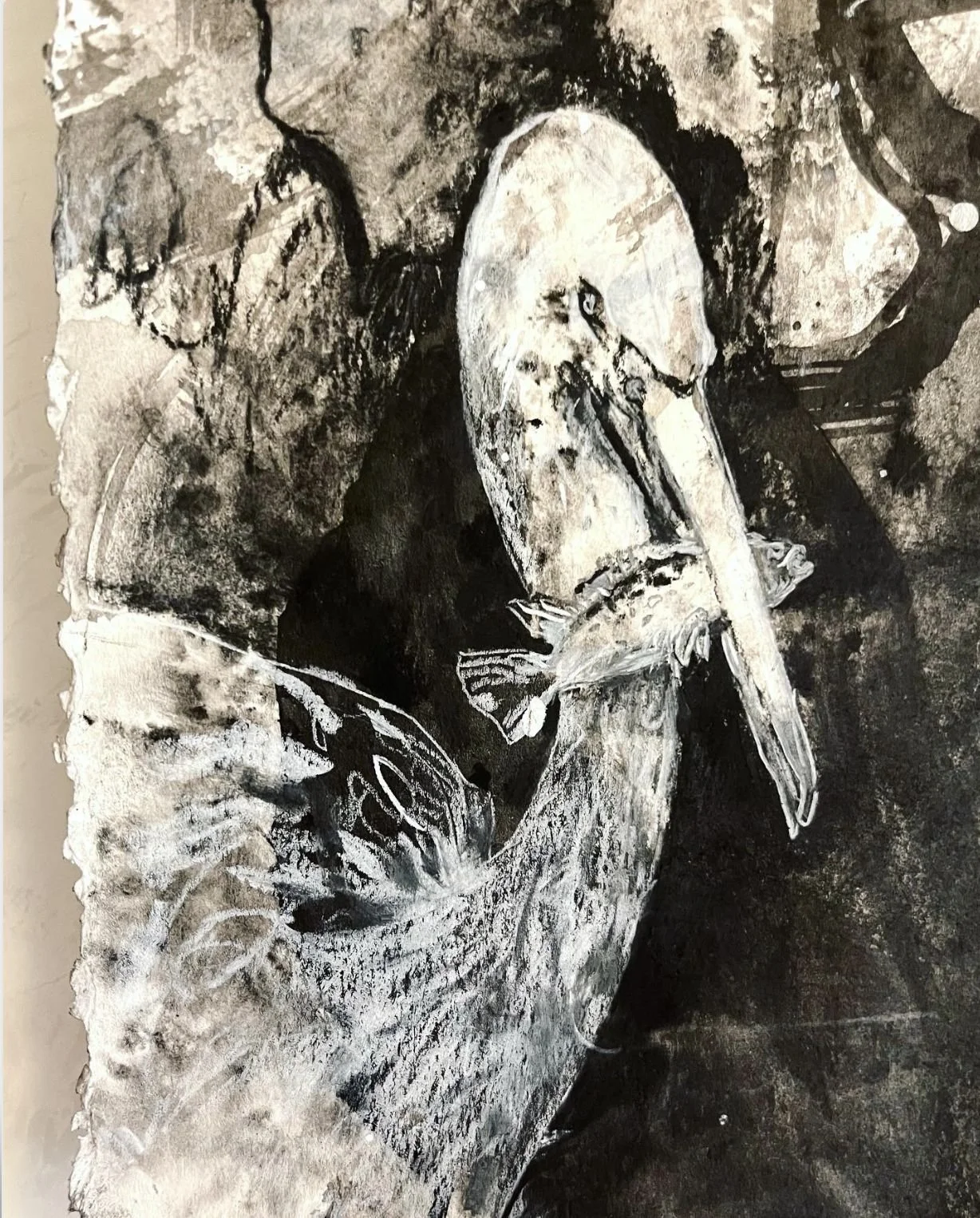 My work: Detail from my crane series,
playing with texture and translucency in
the overlay of mixed-media, a playful
exploration of texture and transparency.