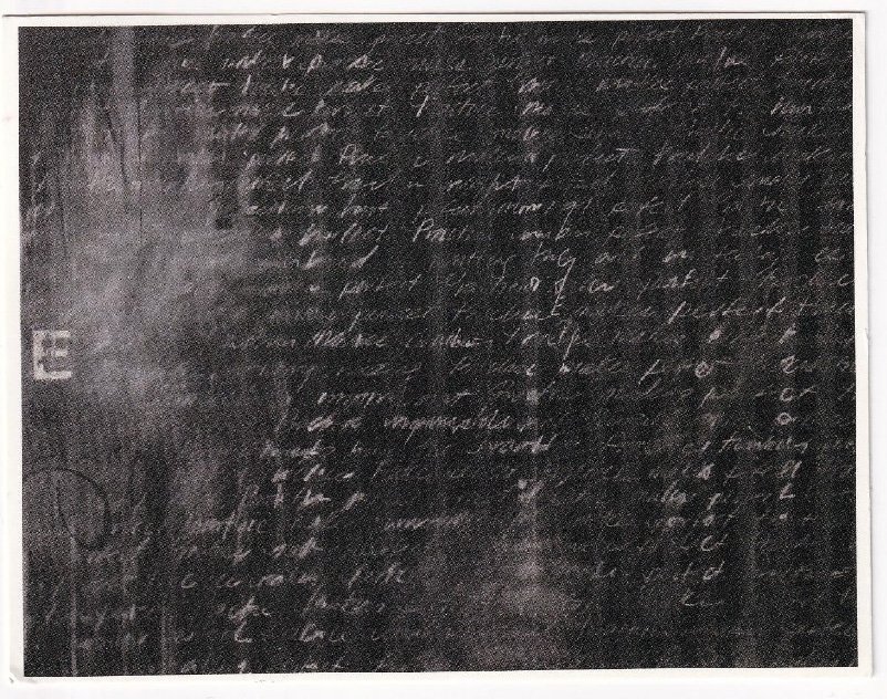 My work: “Practice Makes
Perfect” c. 2018.
Charcoal on chalkboard
paint. Smeared writing
creates a grid, recounting
the rigidity of antiquated
educational practices.