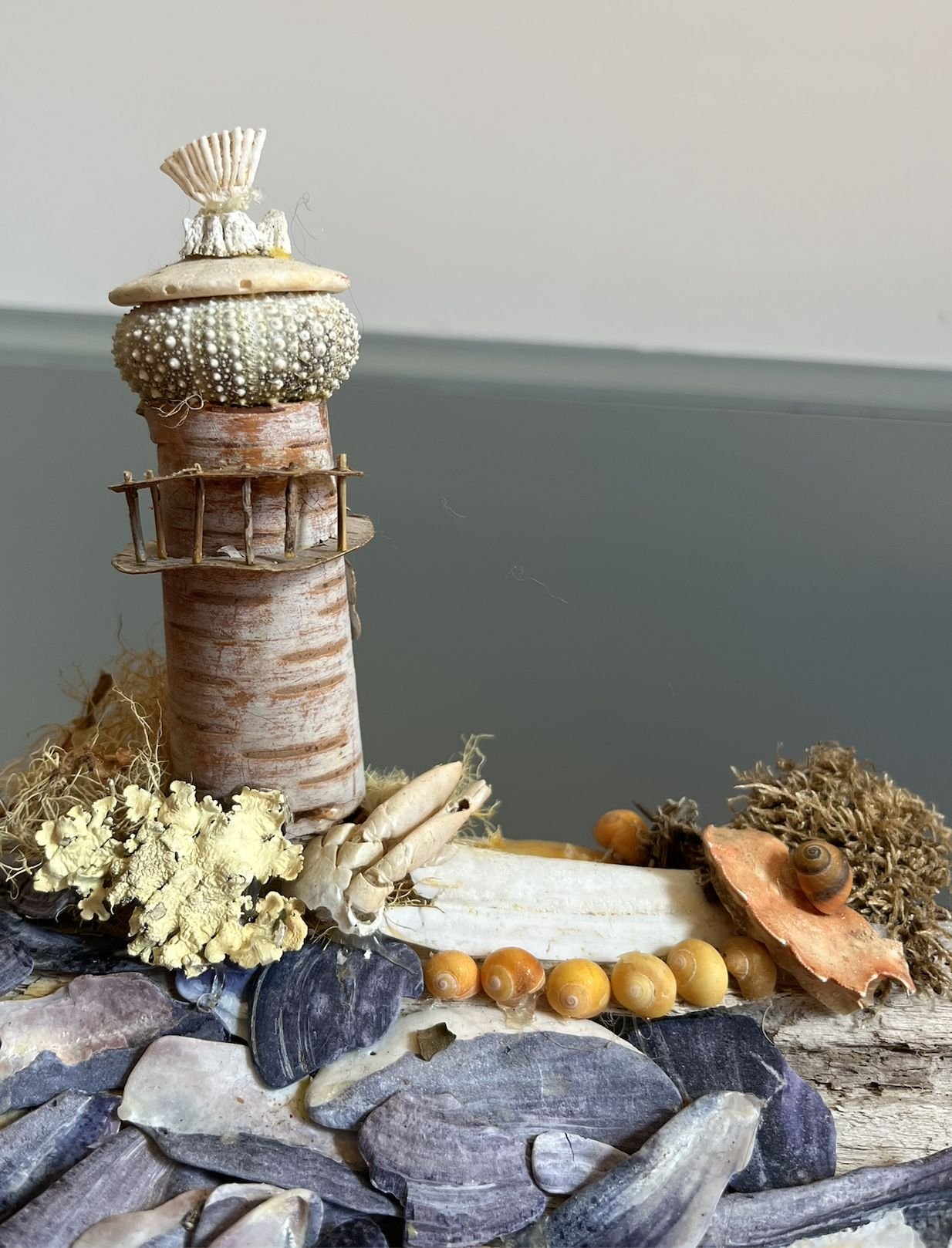 My work: creating “Driftwood Islands”
using only beach finds on an island in
Maine. A favorite family past time (since
childhood).