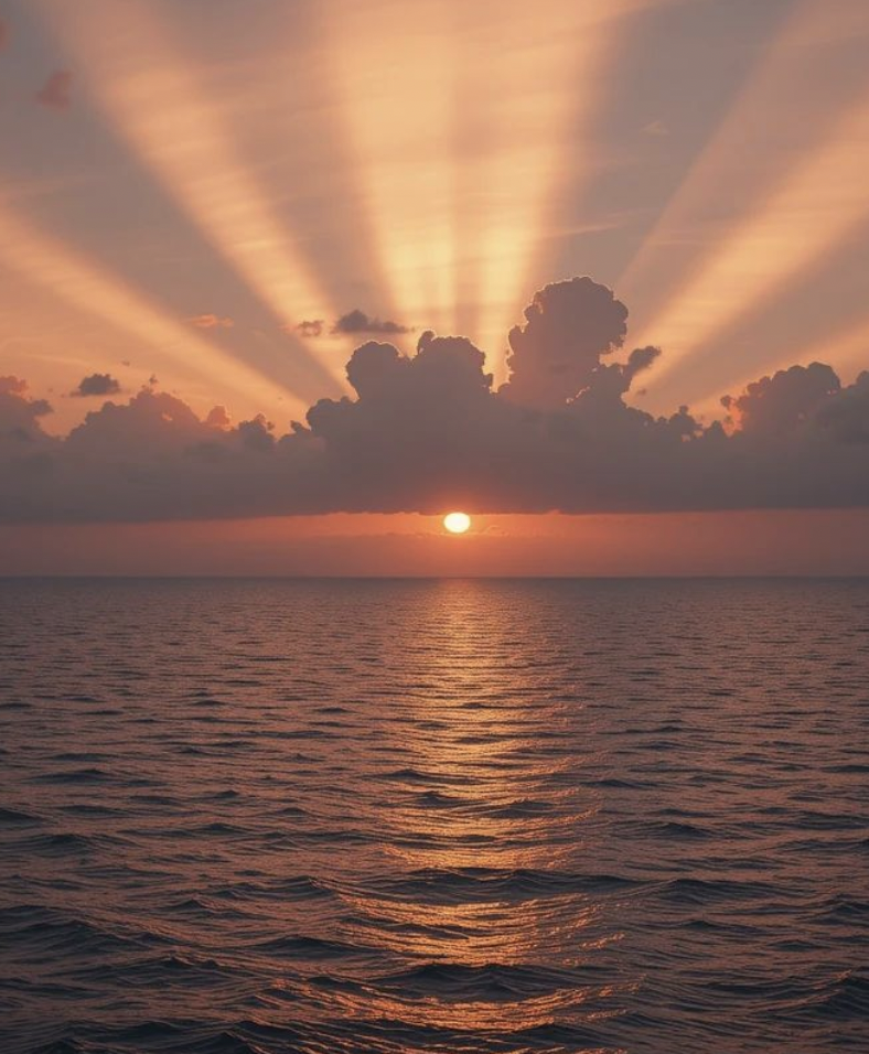 Sunset over the ocean with clouds and sun rays emanating from behind the clouds.