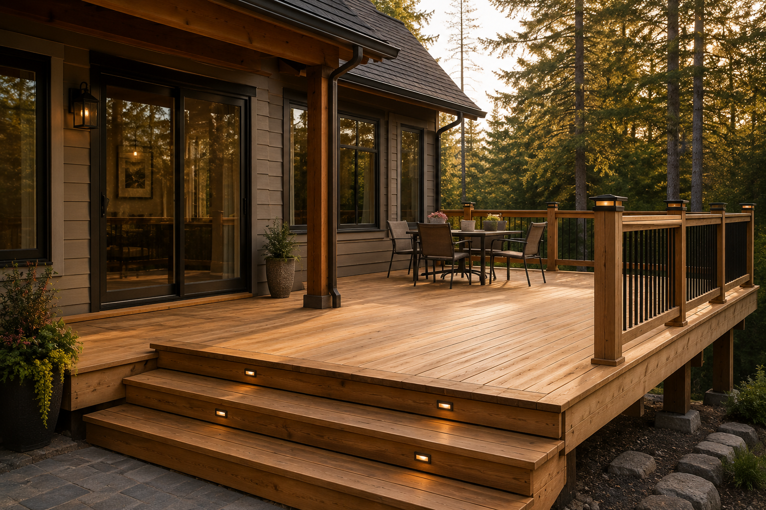 Residential home remodeling and construction. Wooden deck with steps and railing attached to a house, surrounded by trees, with outdoor dining furniture and potted plants at sunset.