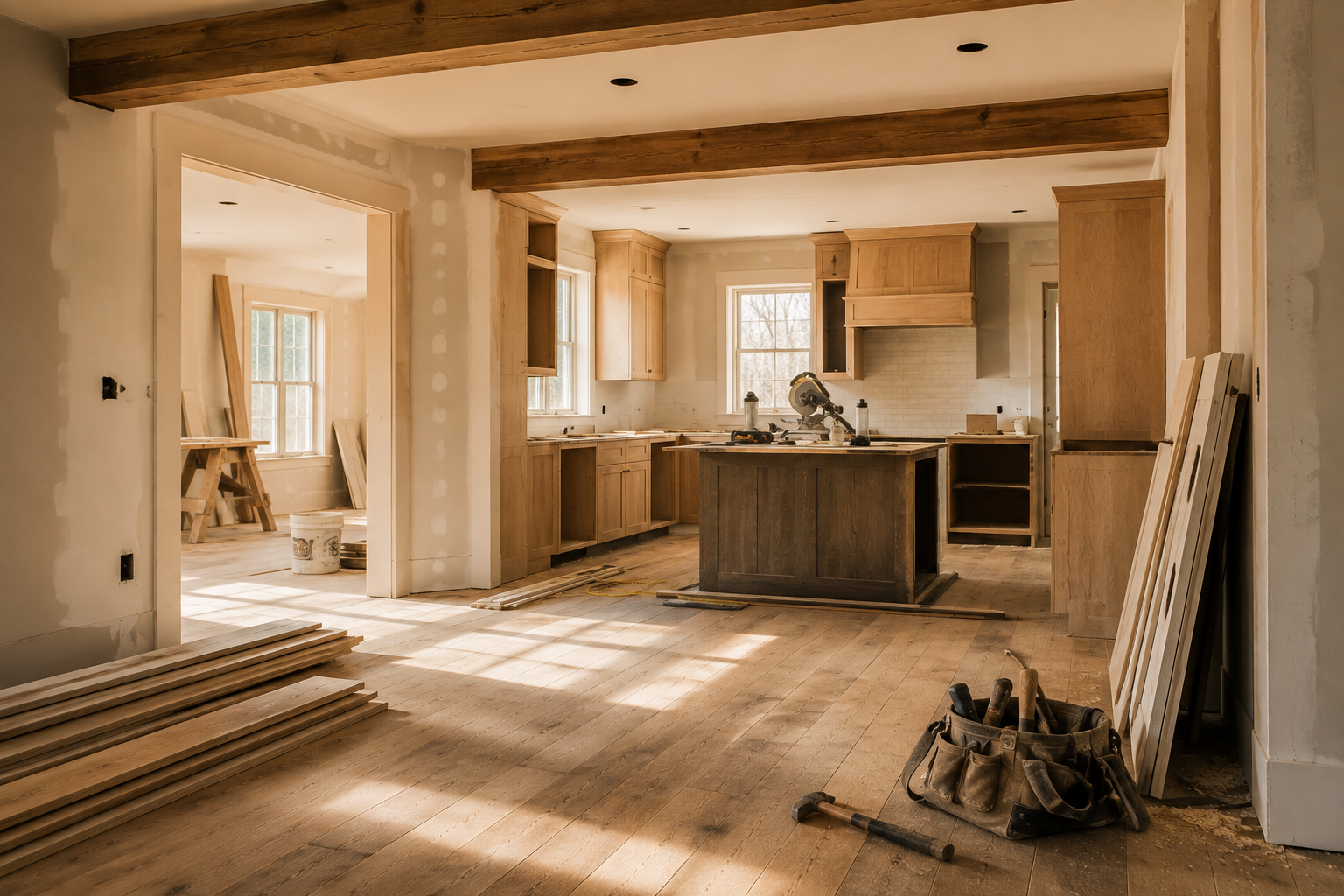 Remodeling. Kitchen under construction with wooden cabinets, an island, and construction tools scattered on the floor.