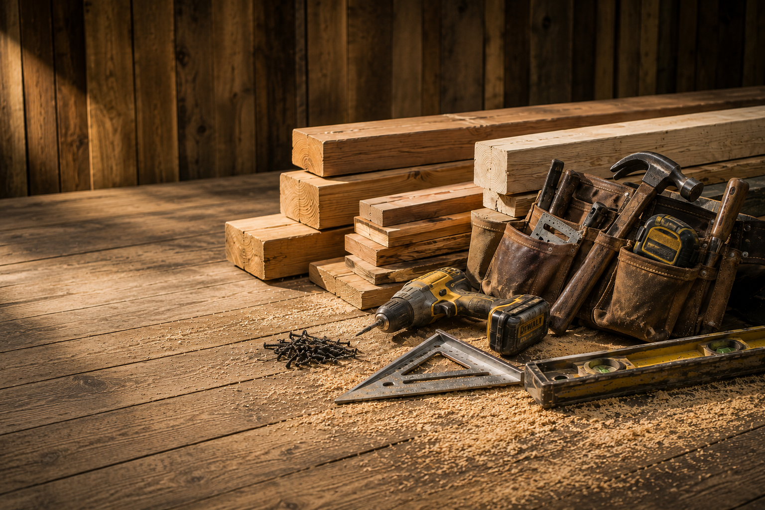 Repairs, Installations, Handy-man work. Stacked wooden planks, a cordless drill, hammer, level, screws, and measuring tools on a wooden floor with a rustic wooden wall background.