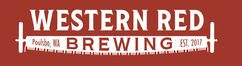 Logo for Western Red Brewing with red background, white text, and a stylized saw blade underneath the text.