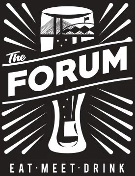 Logo for The Forum with a stylized beer glass, bridge, and cityscape, featuring the tagline 'Eat, Meet, Drink'.