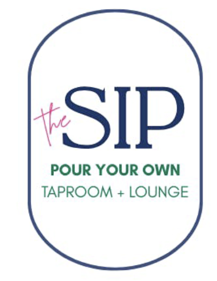 Logo for 'The Sip' with the slogan 'Pour Your Own' and the words 'Taproom + Lounge'