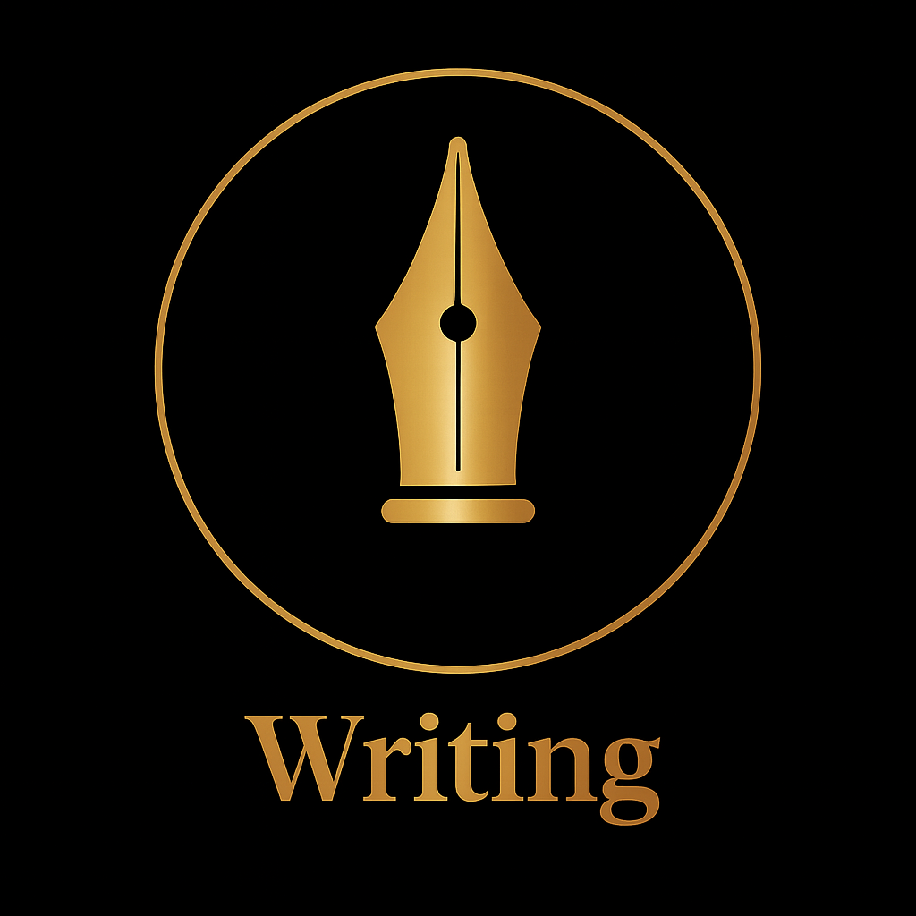 Gold fountain pen nib icon inside a gold circle on a black background, with the word 'Writing' in gold below.