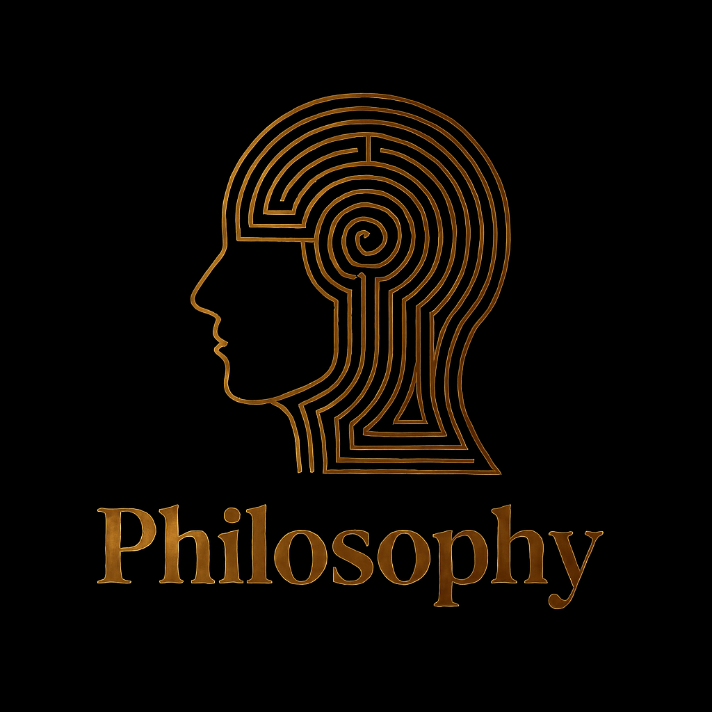 A stylized outline of a human head with a labyrinth design, representing the mind, and the word "Philosophy" written below in gold text.