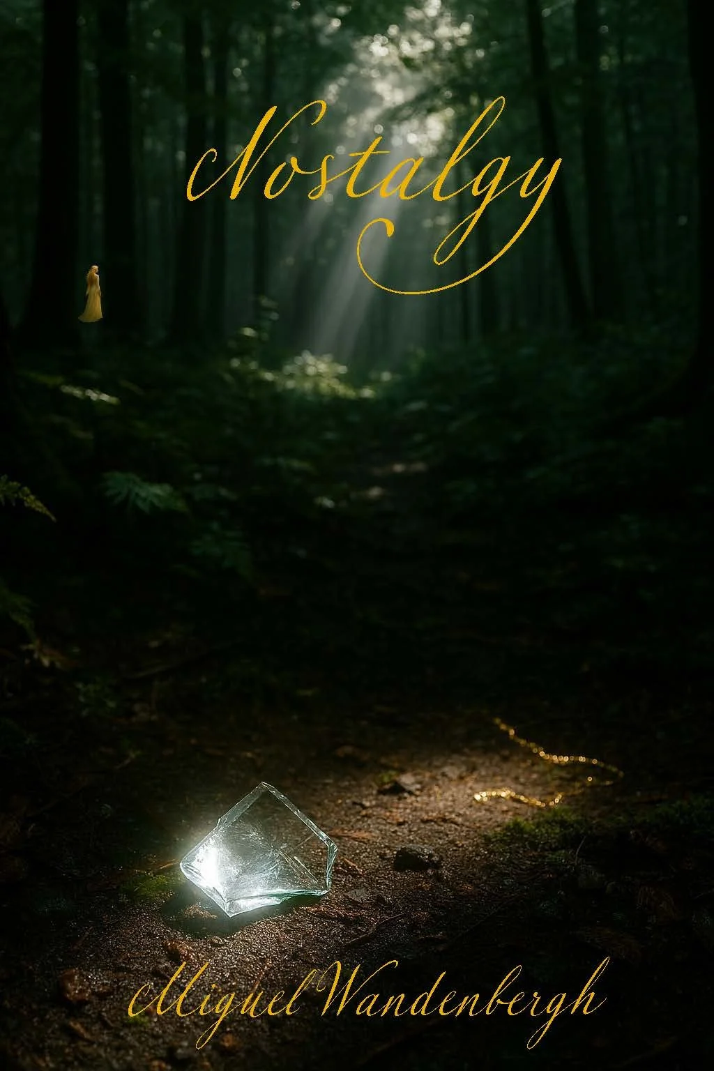 A dark forest with light rays shining through trees, a small woman in a yellow dress in the distance, a broken glass on the ground, and a chain near it. The words "Nostalg y" and "Miguel Wandenbergh" are written on the image.
