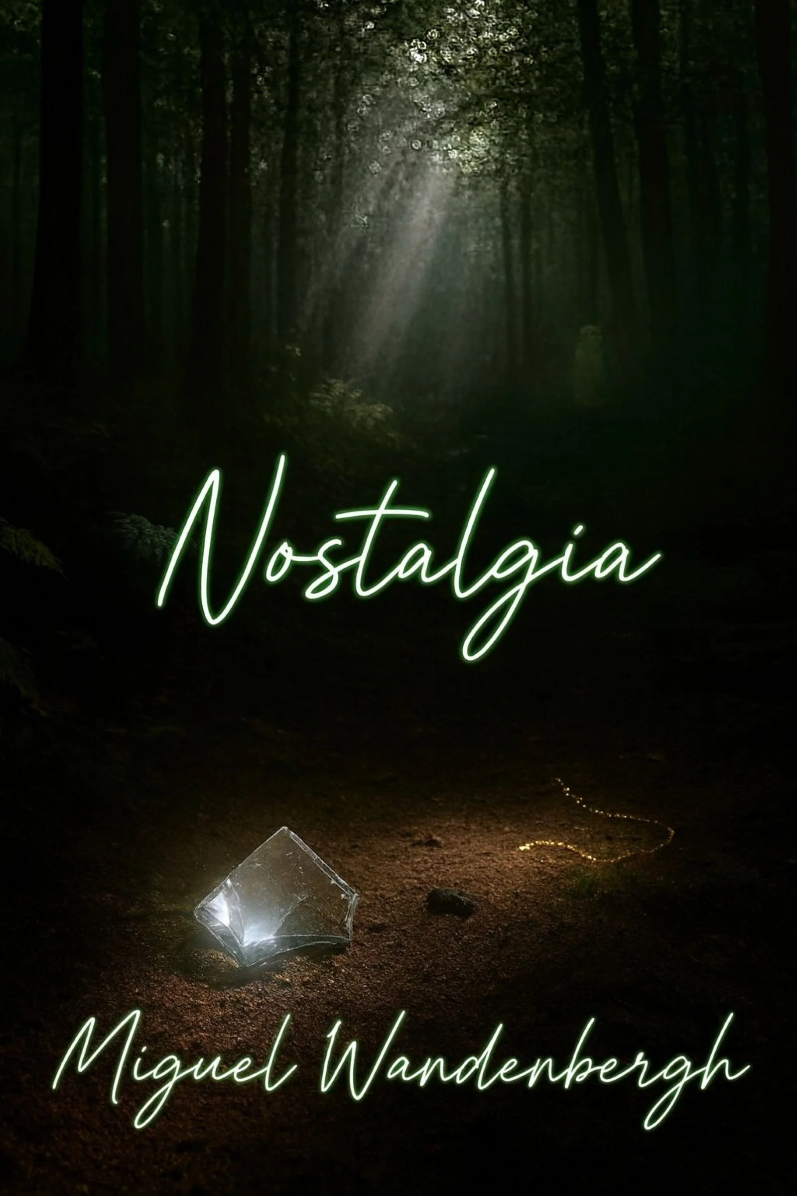 A dark forest scene with sunlight streaming through trees, a glowing rock on the ground, and the words 'Nostalgia' and 'Miguel Wandenbergh' written in neon green script.