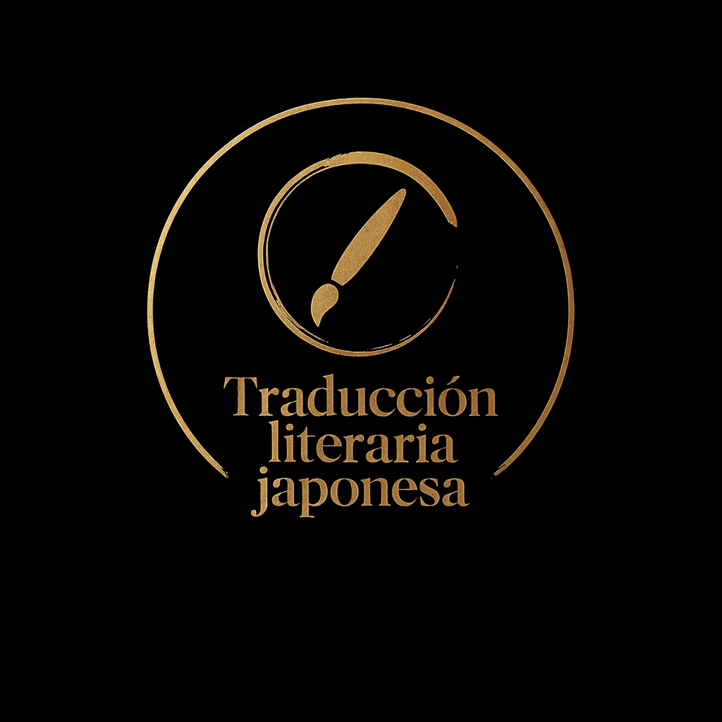 Gold logo with a clock hand and the words "Traducción literaria japonesa" on a black background.