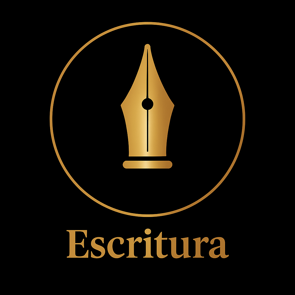 A gold fountain pen nib inside a gold circle on a black background, with the word "Escritura" written in gold beneath it.