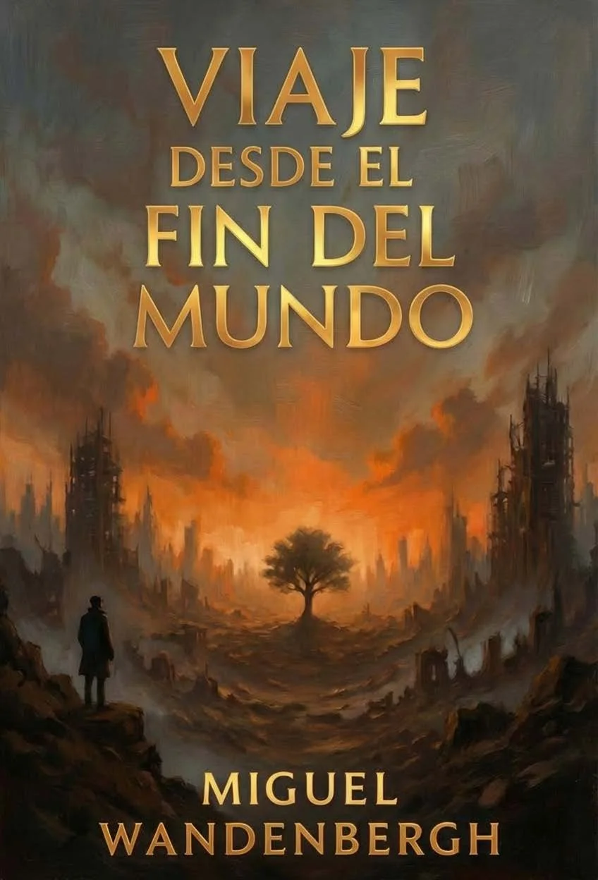 Book cover titled "VIAJE DESDE EL FIN DEL MUNDO" by Miguel Wandenbergh, depicting a dystopian landscape with ruined buildings, dark clouds, and a lone figure walking towards a glowing horizon.