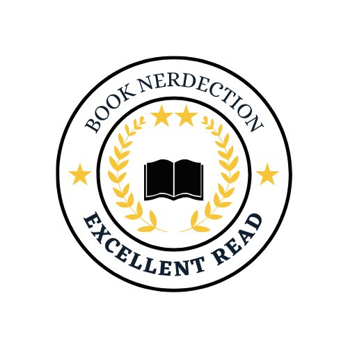 A circular badge with a black open book in the center, surrounded by a yellow laurel wreath, with three yellow stars above it. The outer ring has the text 'BOOK NERDECTION' at the top and 'EXCELLENT READ' at the bottom, both in black capital letters.