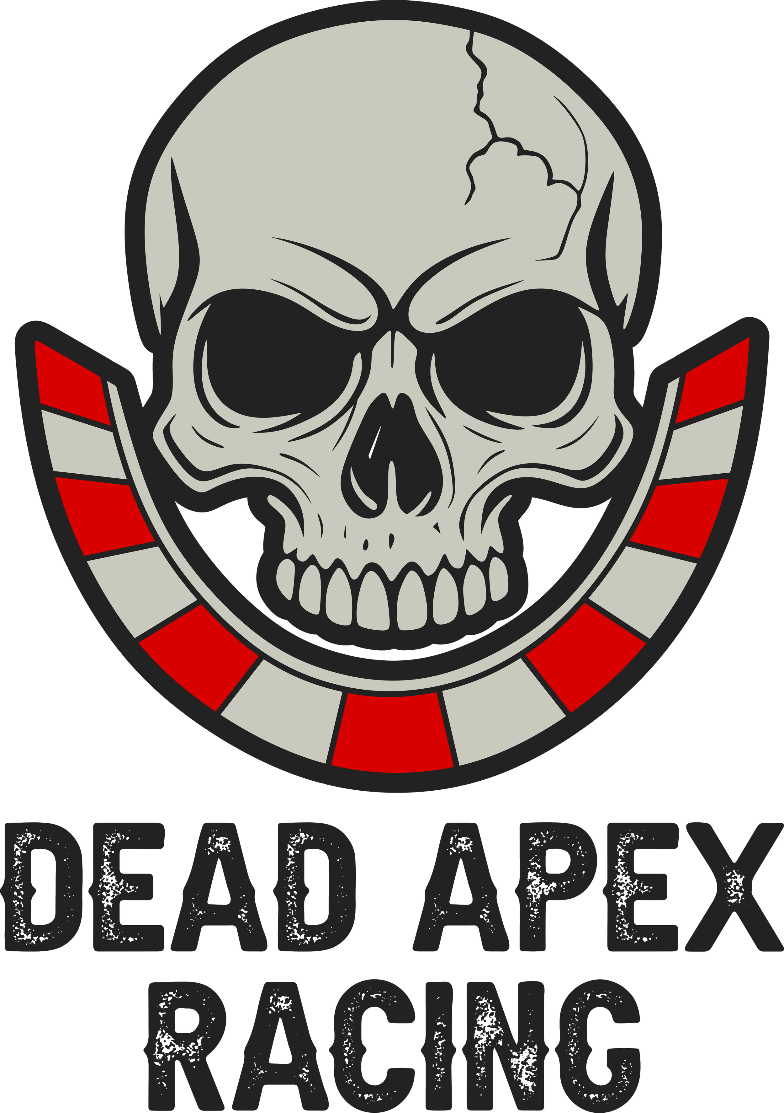 A skull with black eye sockets and cracks on its forehead, surrounded by a red and white striped circle, with the text "Deadly Read Abyss Racing" underneath.