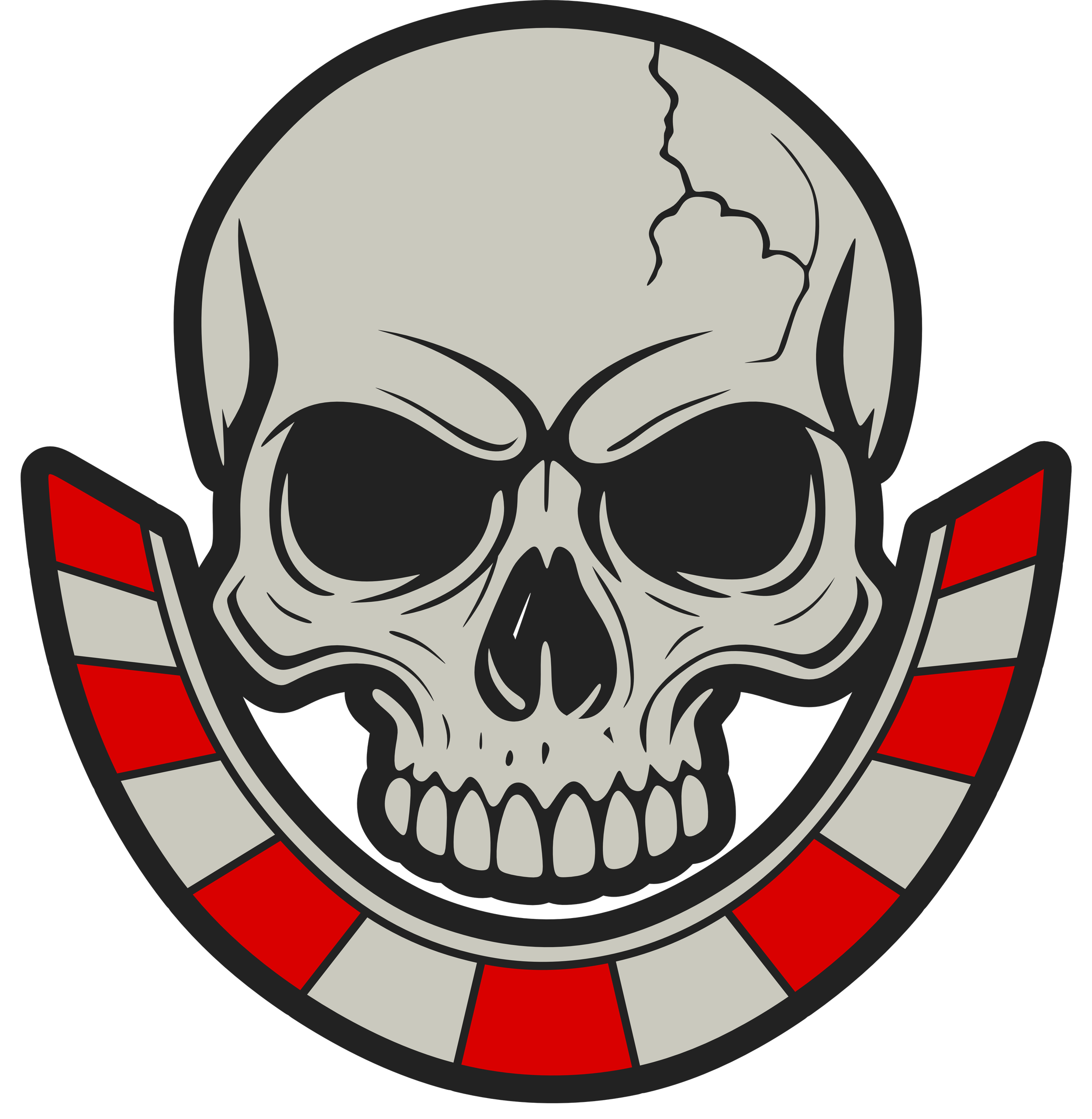 Graphic illustration of a skull with a crack and red accents, surrounded by a circular design with black, gray, and red elements.