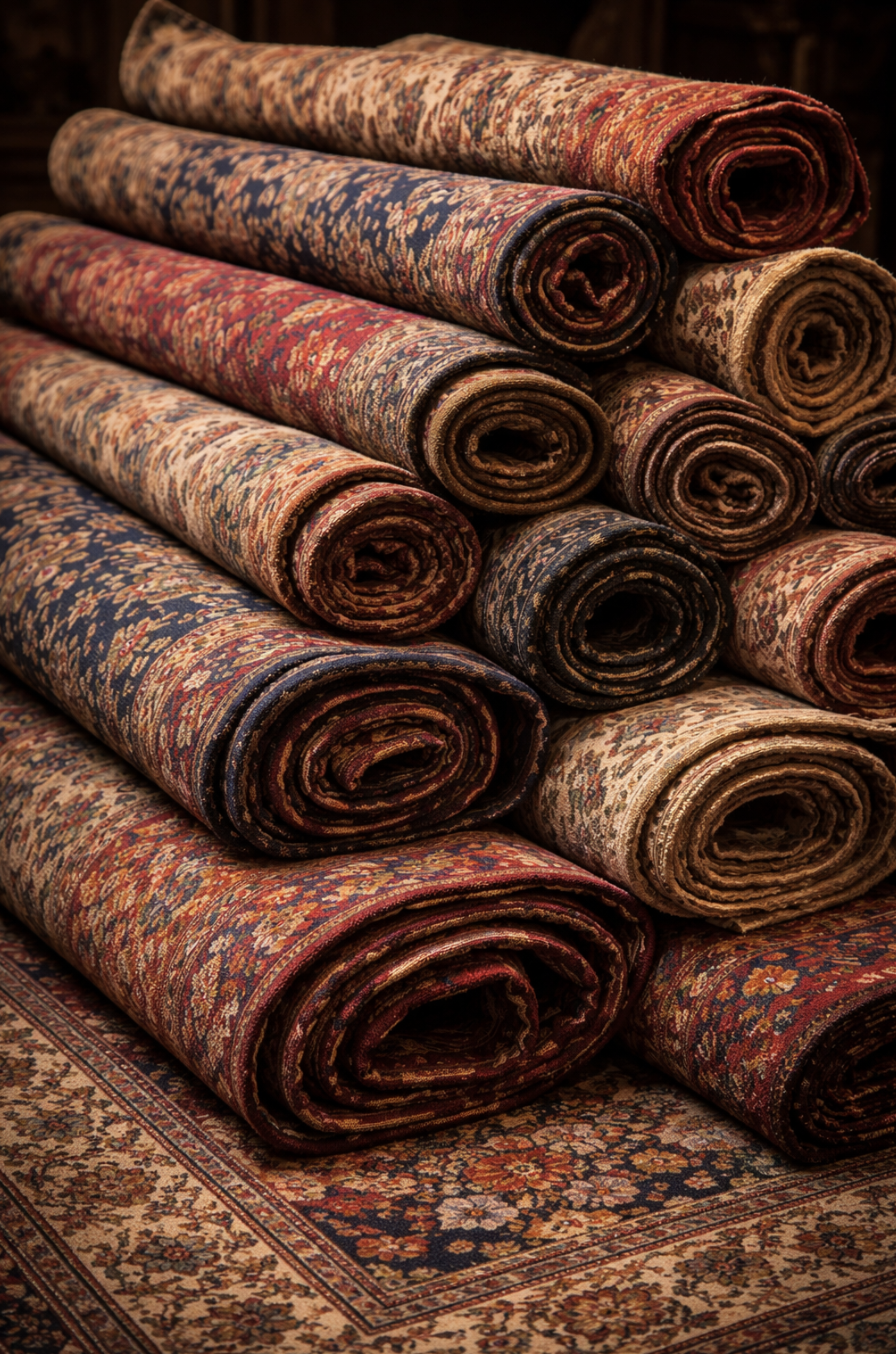 Stacked rolled-up Persian-style rugs with intricate floral patterns and rich colors including red, blue, beige, and gold.
