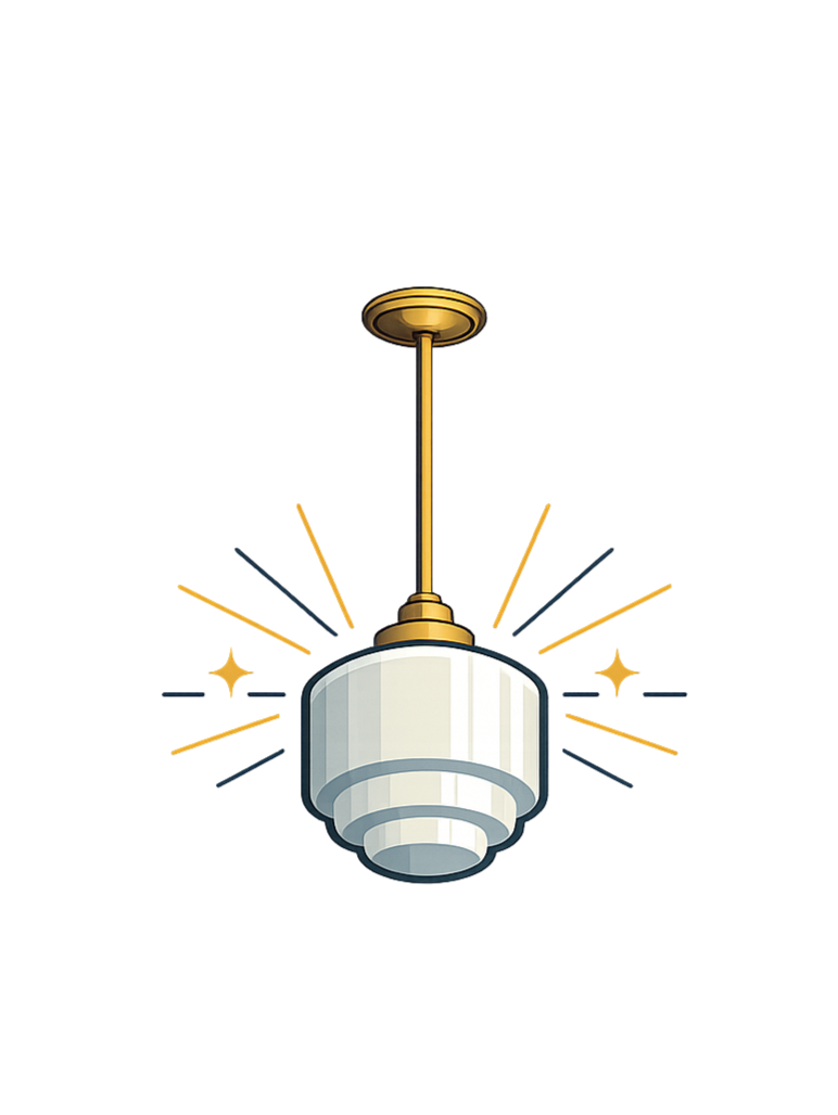 A modern hanging ceiling light fixture with a gold rod and a white tiered lampshade.