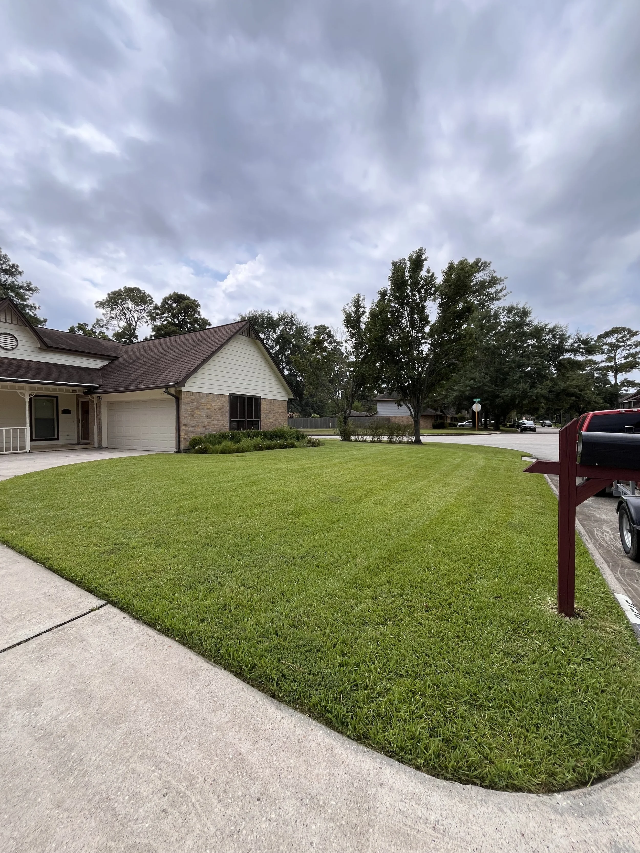 Front lawn of a suburban house with a green lawn, driveway, mailbox, trees, and cloudy sky.