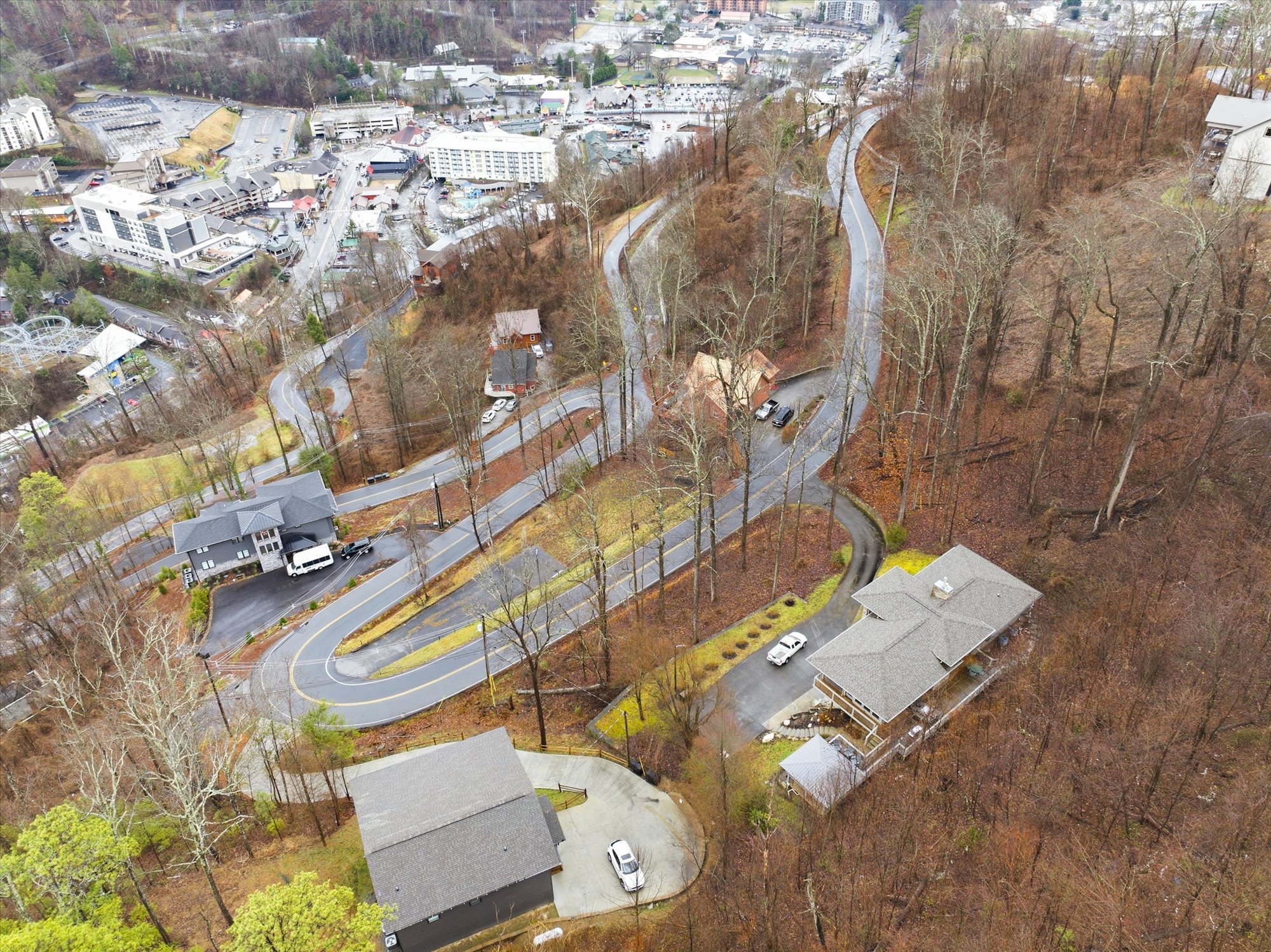 A winding road passes through a residential and commercial area on a hillside, with houses and buildings surrounded by leafless trees and some green grass.