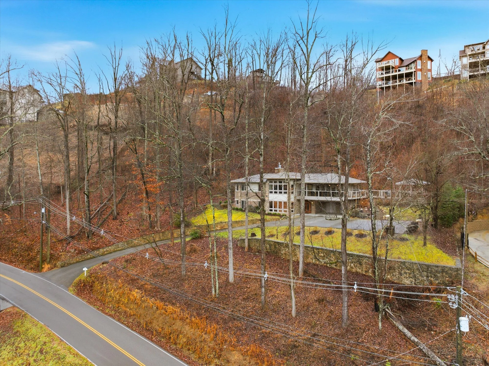 A modern house on a hillside surrounded by trees with no leaves, and additional houses on the hill in the background. A winding road runs below the hill.