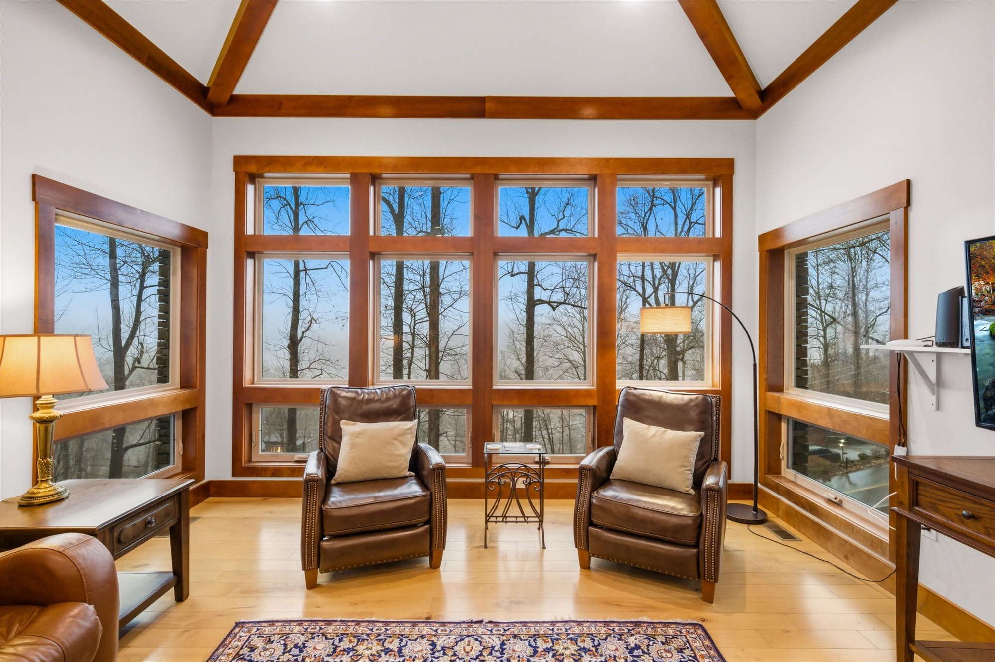Living room with large window overlooking trees, two brown leather armchairs with pillows, side table, floor lamp, and wall-mounted TV.