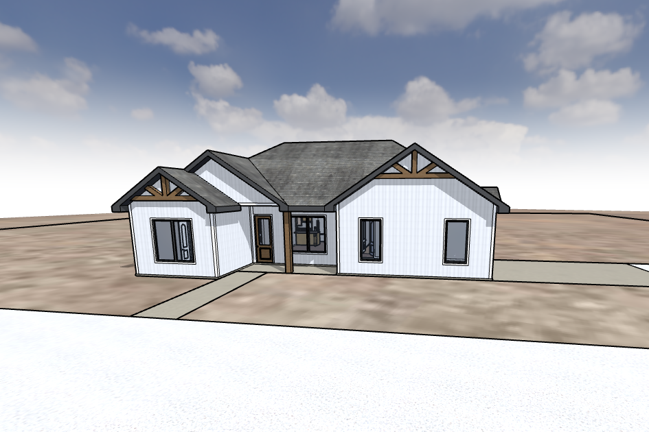 A 3D rendering of a modern single-story house with a gray shingled roof, white exterior walls, and multiple windows, surrounded by a concrete walkway and a barren landscape under a partly cloudy sky.