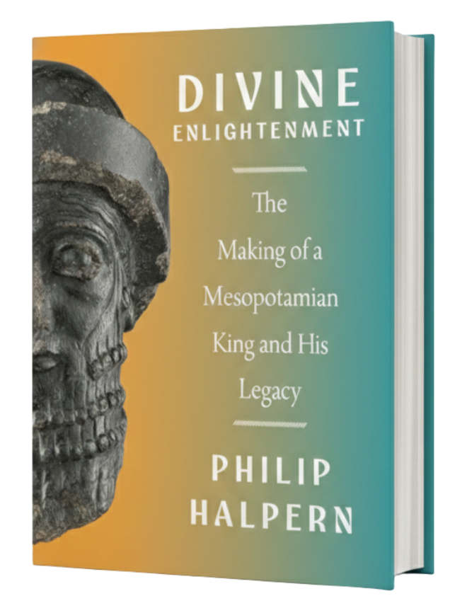 Book titled 'Divine Enlightenment: The Making of a Mesopotamian King and His Legacy' by Philip Halpern, featuring a partial image of a sculpture or artifact of a Mesopotamian figure on the cover.