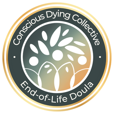 Logo for the Conscious Dying Collective End-of-Life Doula with a silhouette of a tree and leaves.