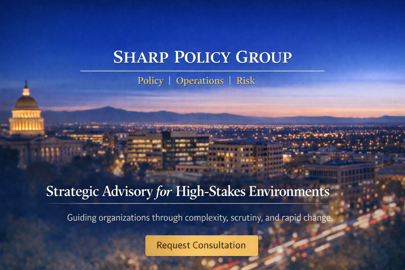 Sharp Policy Group- Experienced policy advisor. Development of systems, risk planning and management.