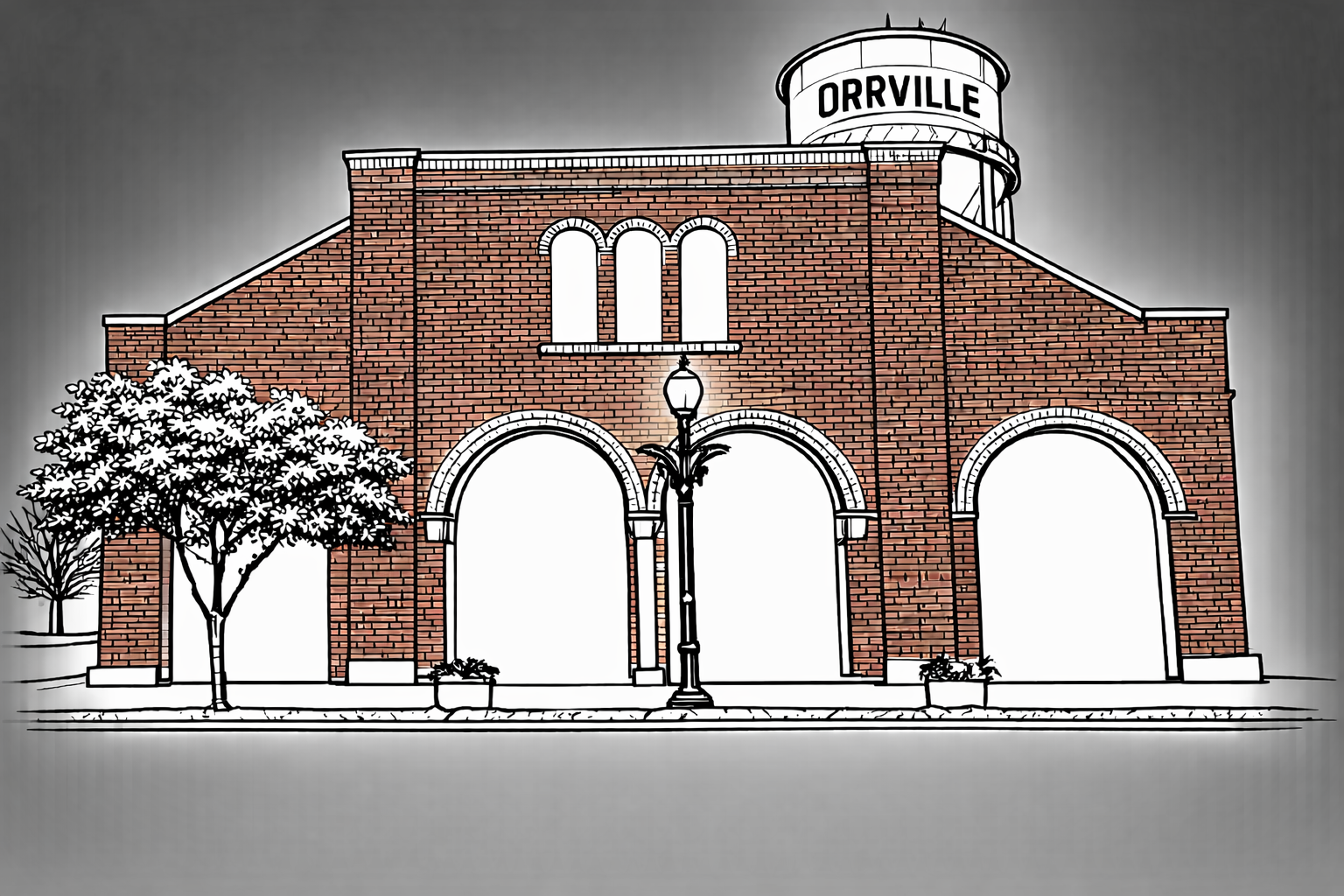 Illustration of a brick building with arched windows, trees, a street lamp, and a water tower labeled 'ORRVILLE' in the background.